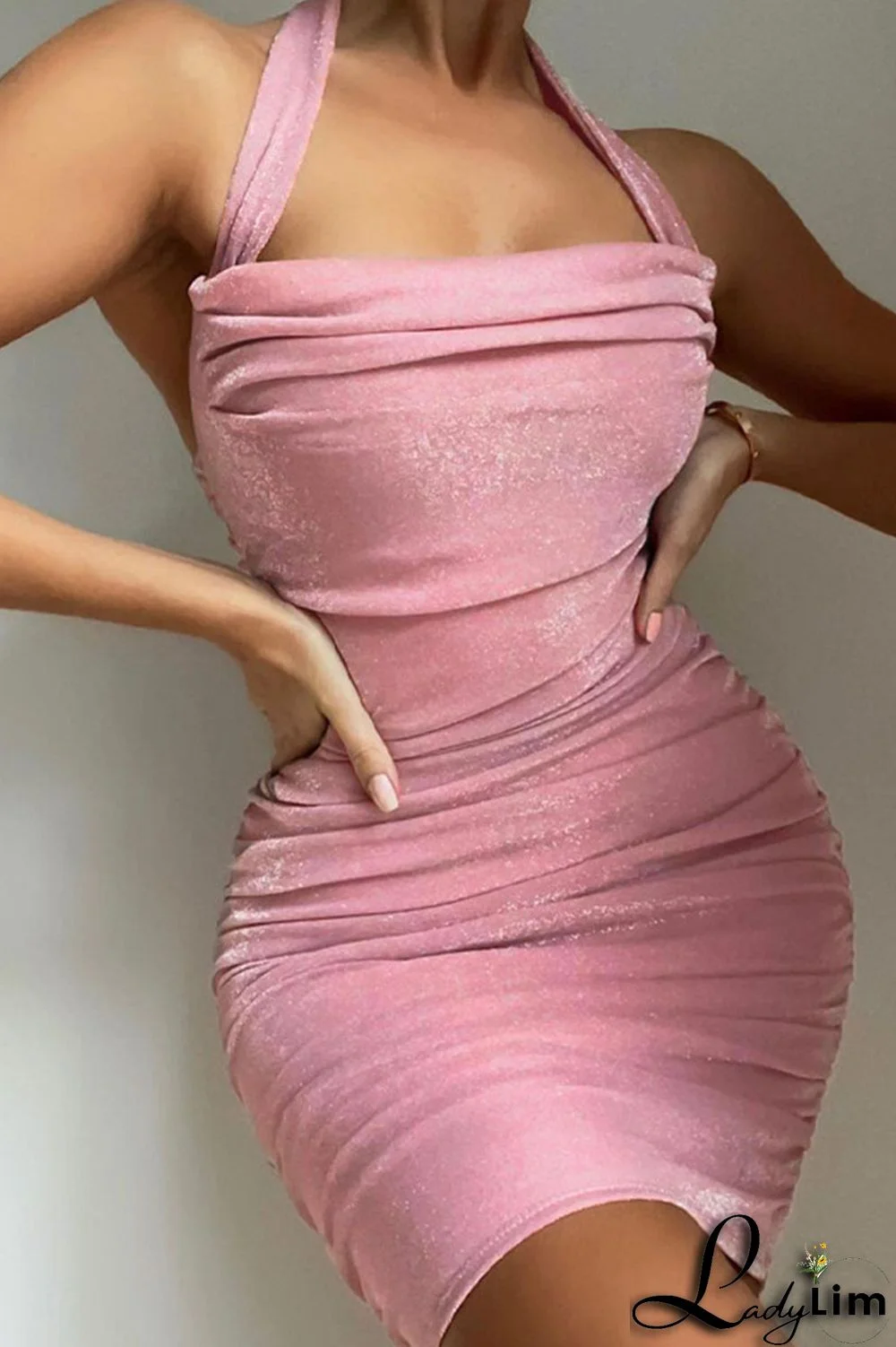 Black Sexy Solid Patchwork Backless Fold Halter One Step Skirt Dresses