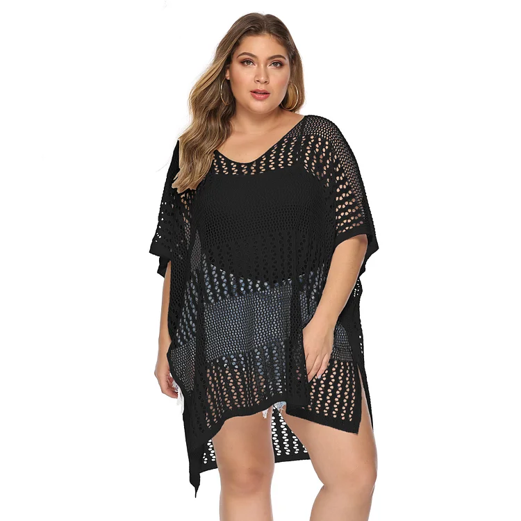 Beach Vacation Essential! EU/US Plus Size Women's Black Hollow-Woven Bikini Cover-Up | Sexy Loose & Irregular Slit, Perfect for Photos👙