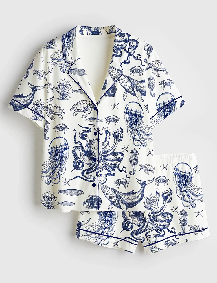 Women&rsquo;s When You Go Through Deep Waters Christian Ocean Animal Print Short Sleeve Satin Pajama Set