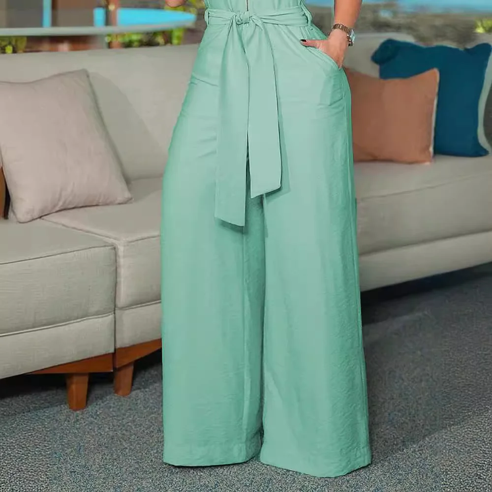 Wongn Wongn Women's Temperament Elegant Shirt Collar Sleeveless Solid Color Zipper Strap Wide Leg Jumpsuit