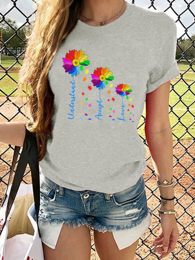 Colorful Flower Print Short Sleeve T shirt For Women P1668314