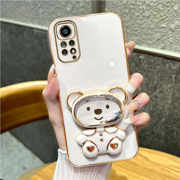 Quicksand Mirror Bear Phone Holder Case On For Xiaomi Redmi Note 11 8 12 10 9 Pro Max 10 5G 9s 10s 11s 9A 9T 9C Nfc Stand Cover