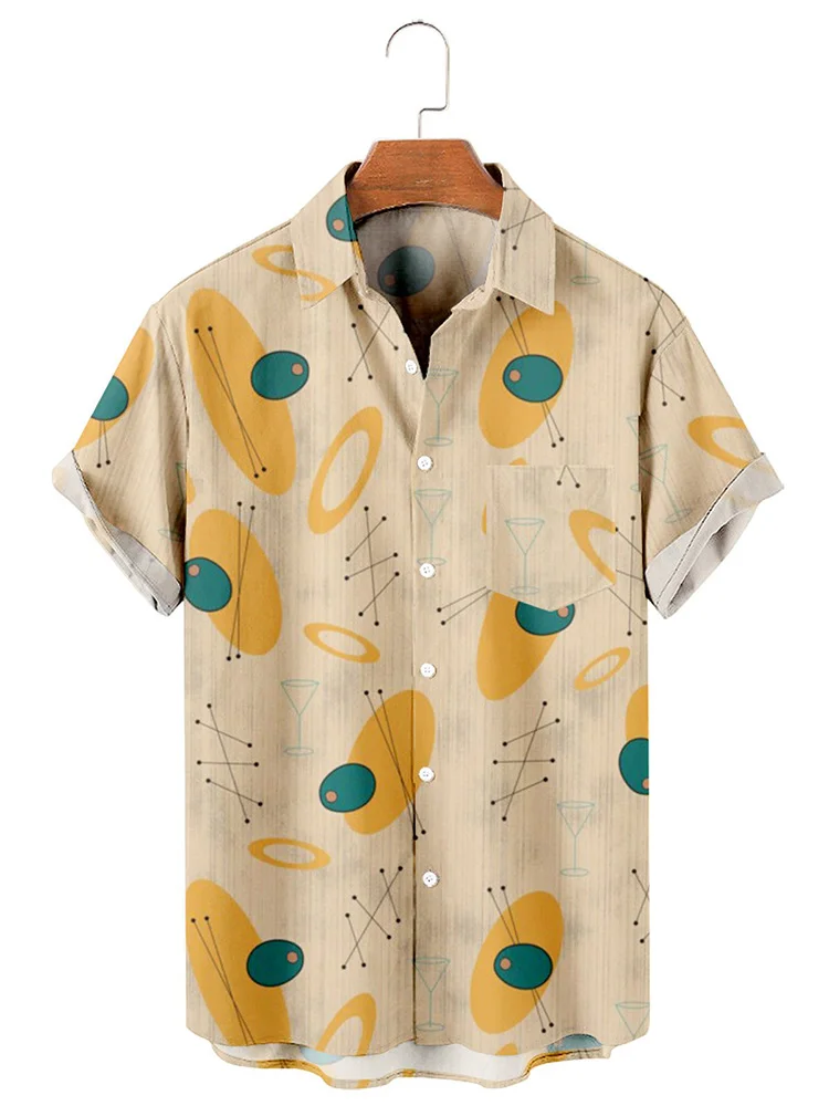 Geometric Wine Glass Print Casual Short Sleeve Shirt