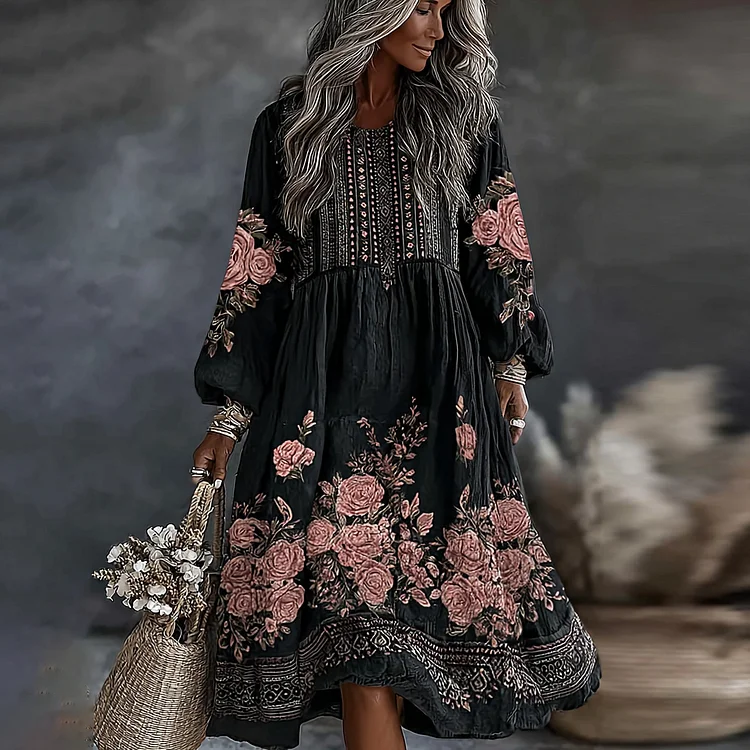 Women's Vintage Floral Art Flowy Linen Blend Casual Round Neck Long Sleeve Dress