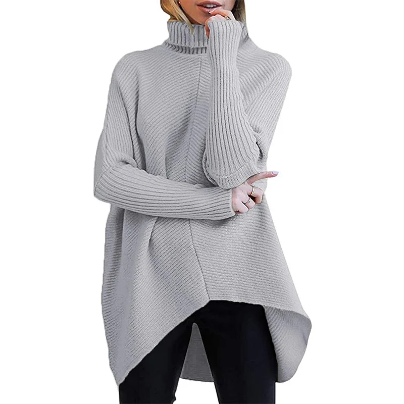 Wongn Wongn Winter Women Irregular Hem High Collar Jumper Long Sleeve Knit Sweater Woman