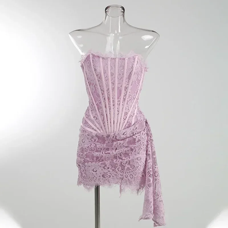 Women's Sexy Solid Color Sheer Patchwork High Waist Lace Elegant Printed Strapless Slim Evening Mini Dress