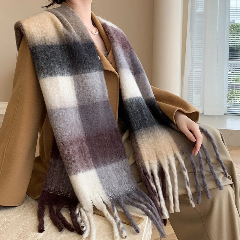 Rainbow Plaid Tassel Scarf For Women Autumn And Winter Famous Color Matching Cashmere Mohair Shawl Thickened Scarf