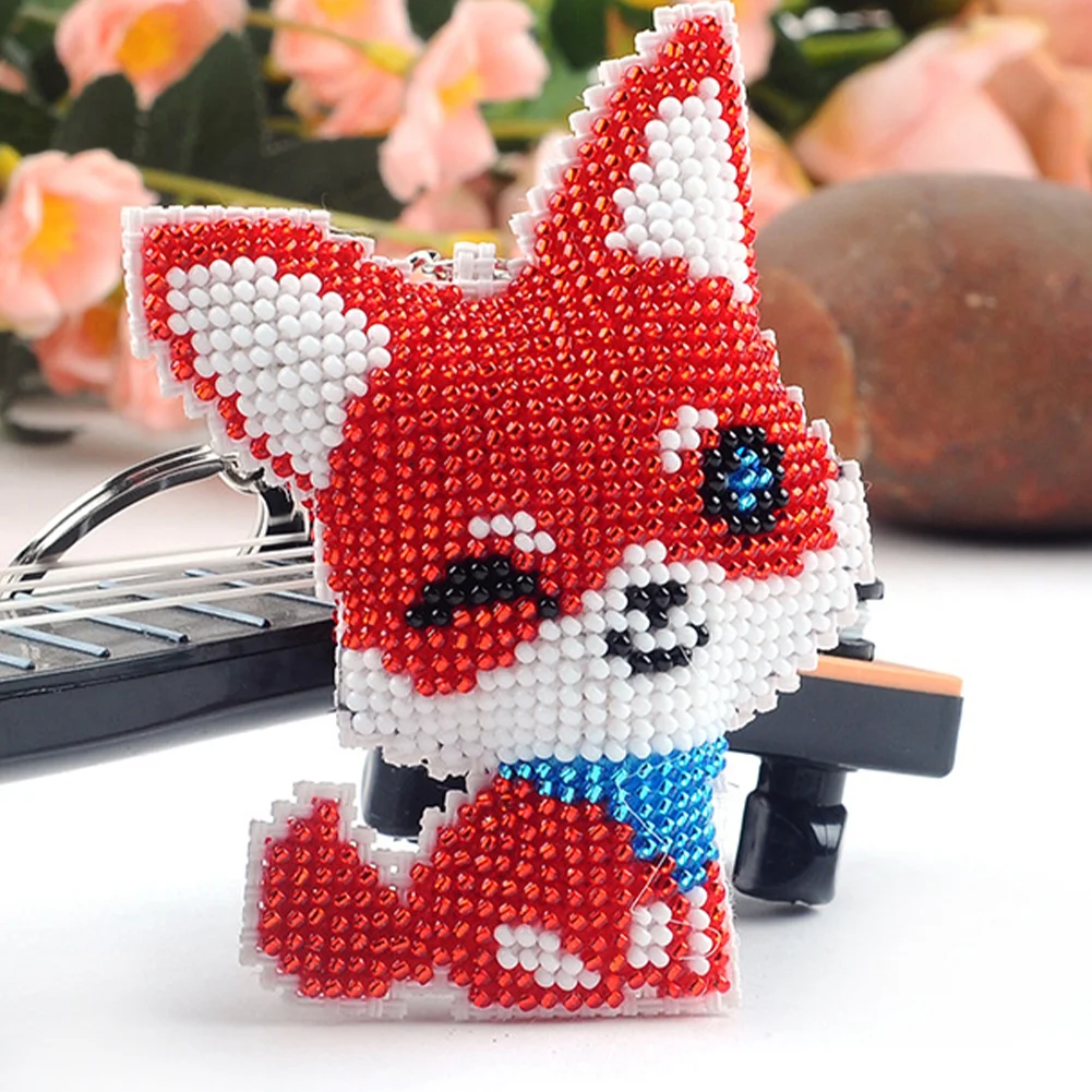 2Pcs Red Pink Fox - Stamped Bead Embroidery - Keychain