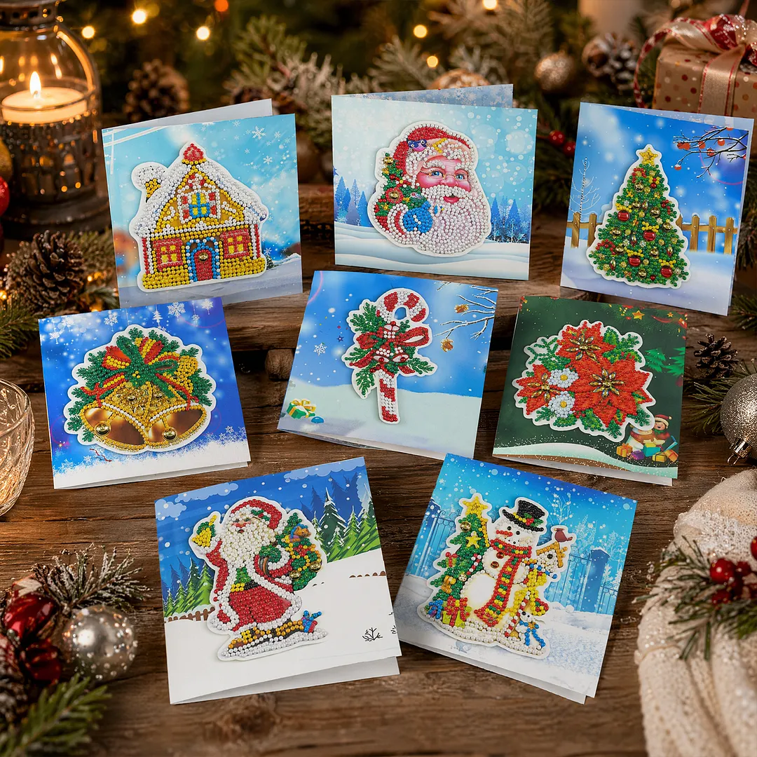 8PCS Winter Christmas DIY Diamond Painting Greeting Card Kits with Envelopes Diamond Art Greeting Cards Diamond Art Cards Kits for Adults DIY Crafts Family Friend Gifts