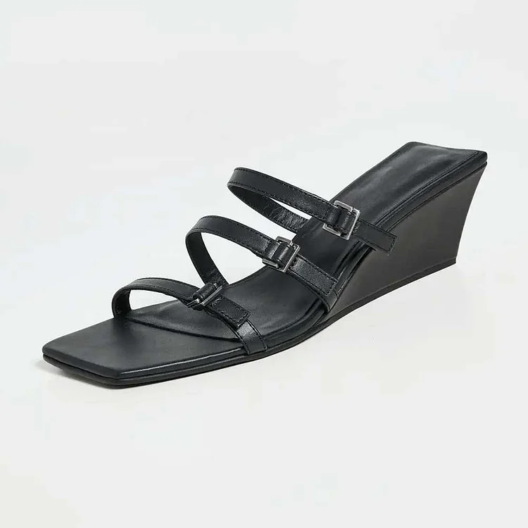 Black Open Square Toe Buckle Straps Wedge Heel Mules Sandals |FSJ Shoes