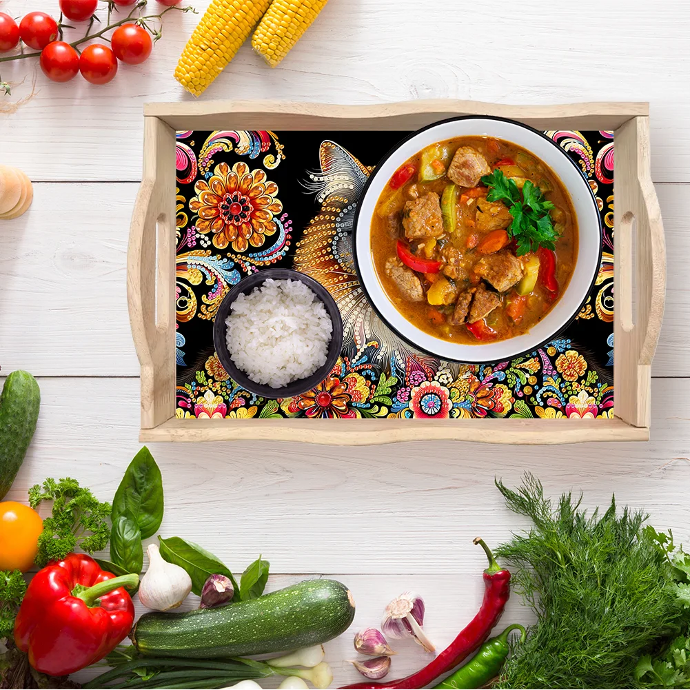 5D DIY Flower Cat Diamond Painting Wooden Serving Tray with Handle for Desk