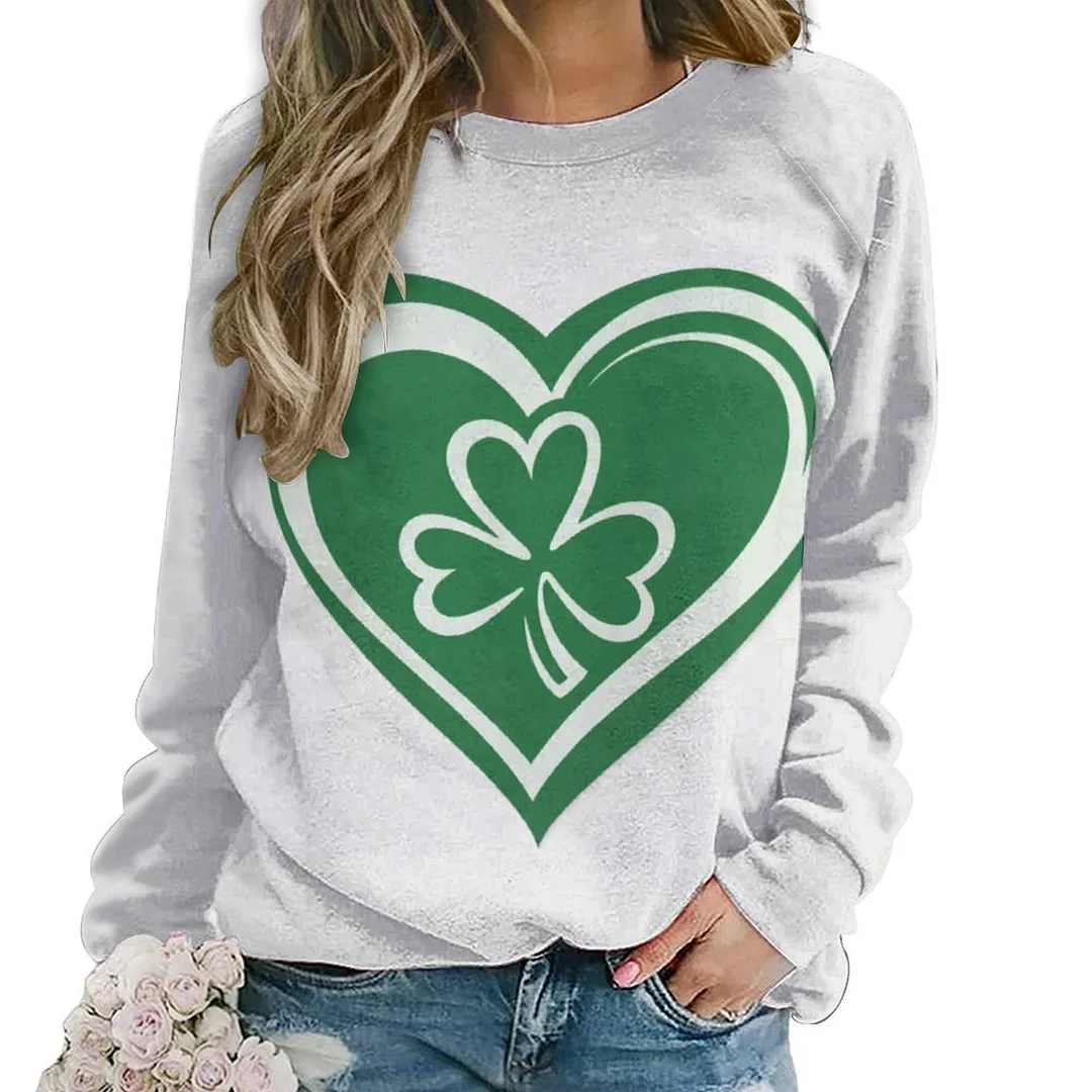 Printed Long Sleeve Casual Sweatshirt for  Women and Men Unisex Pattern St. Patrick's Day, Green, Clover, Lucky
