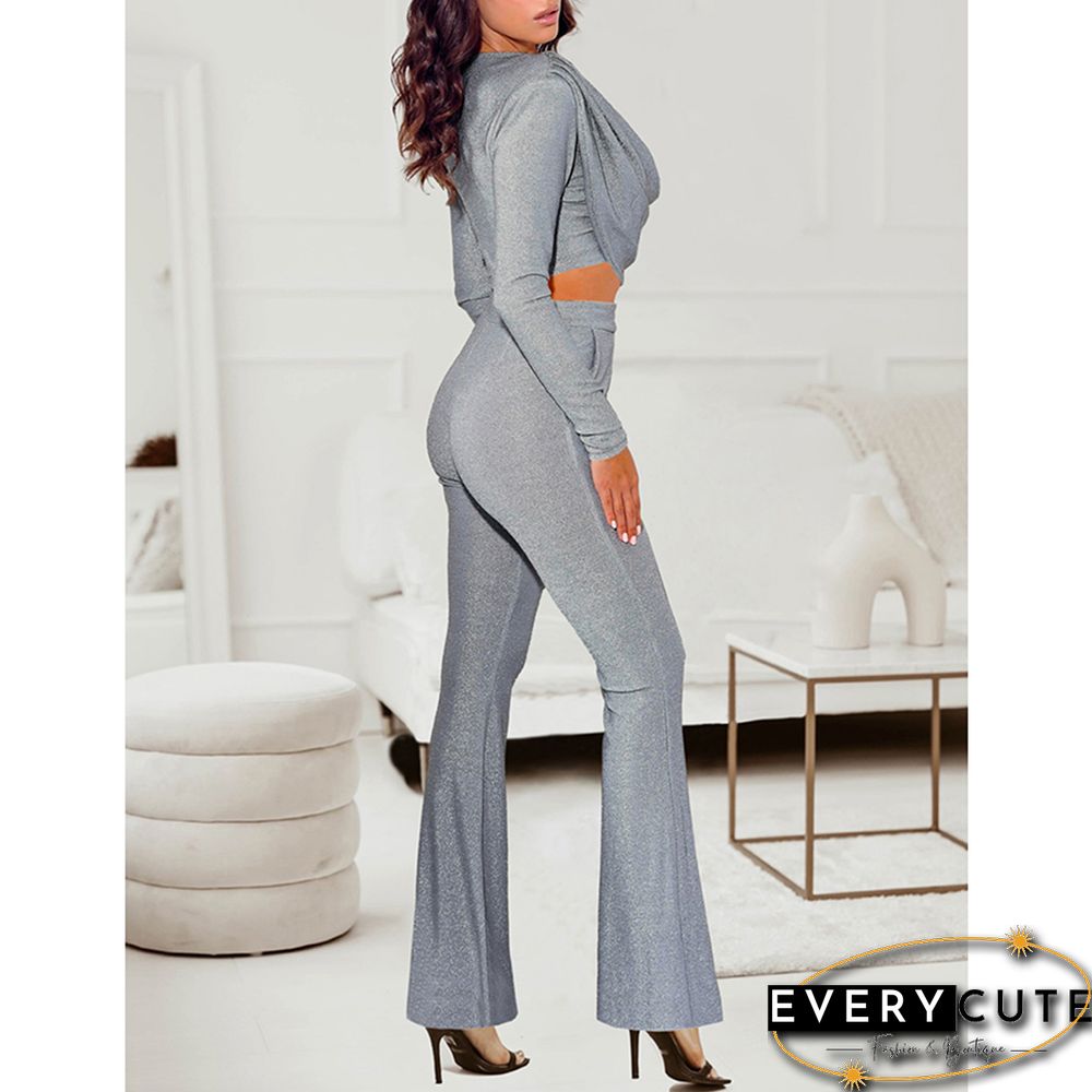 Light Gray Bronzing Long Sleeve Top with Flared Pants Set
