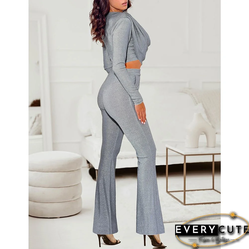 Light Gray Bronzing Long Sleeve Top with Flared Pants Set