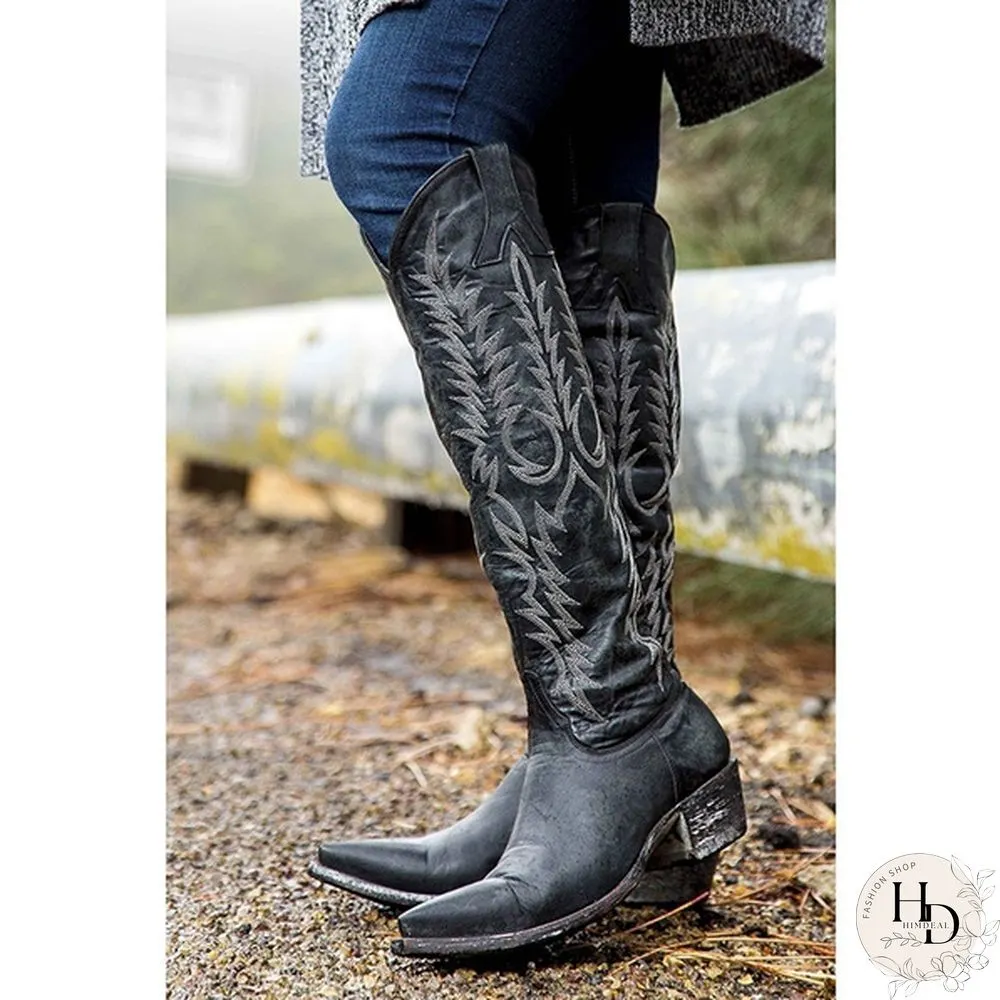 Fashion Women Knee High Boots Leather Riding Boots Medieval Western Cowgirl Boots Vintage Tall Boots Autumn Winter Warm Pointed Toe Flat Boots Ladies Ankle Boots