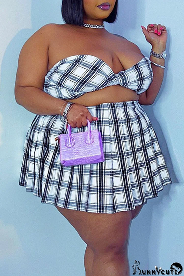 Black White Sexy Plaid Print Patchwork Strapless Plus Size Two Pieces