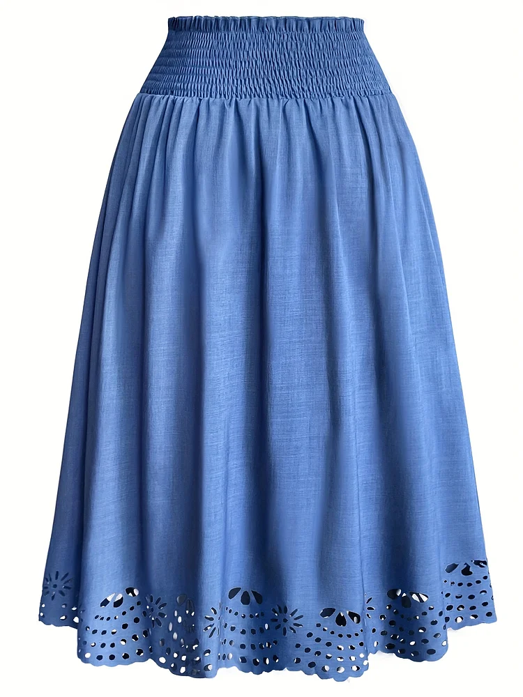 Plus Size, Women's Imitation Denim A-Line Skirt With Elastic Waistband & Tiered Ruching - Light Blue Pleated Hem, Decorative Button Detail, Cut-Out Patterns, Machine Washable Fall Casual To Semi-Formal Skirt, Seasonal Fashion, Floral Cutout