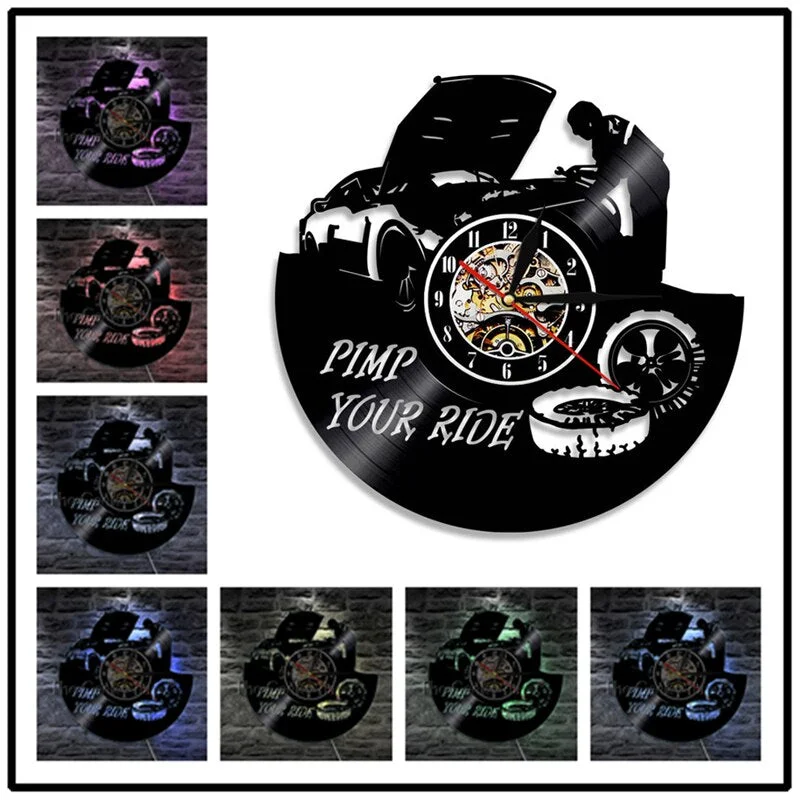 Auto Repair Shop Wall Clock Modern Design Car Mechanic Service Vinyl Record Clocks with 7 Colors LED Wall Watch Home Decor
