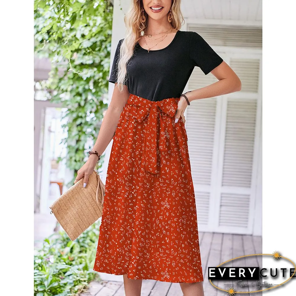 Orange Floral Print Spliced Short Sleeve Dress