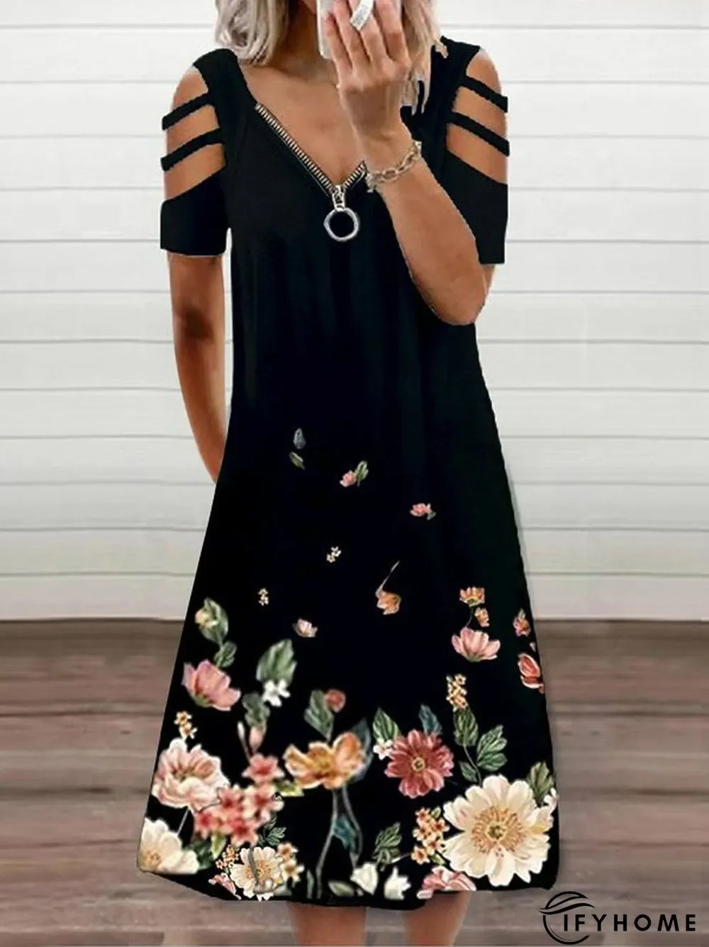 Floral-Print V Neck Short Sleeve Women Dress | IFYHOME