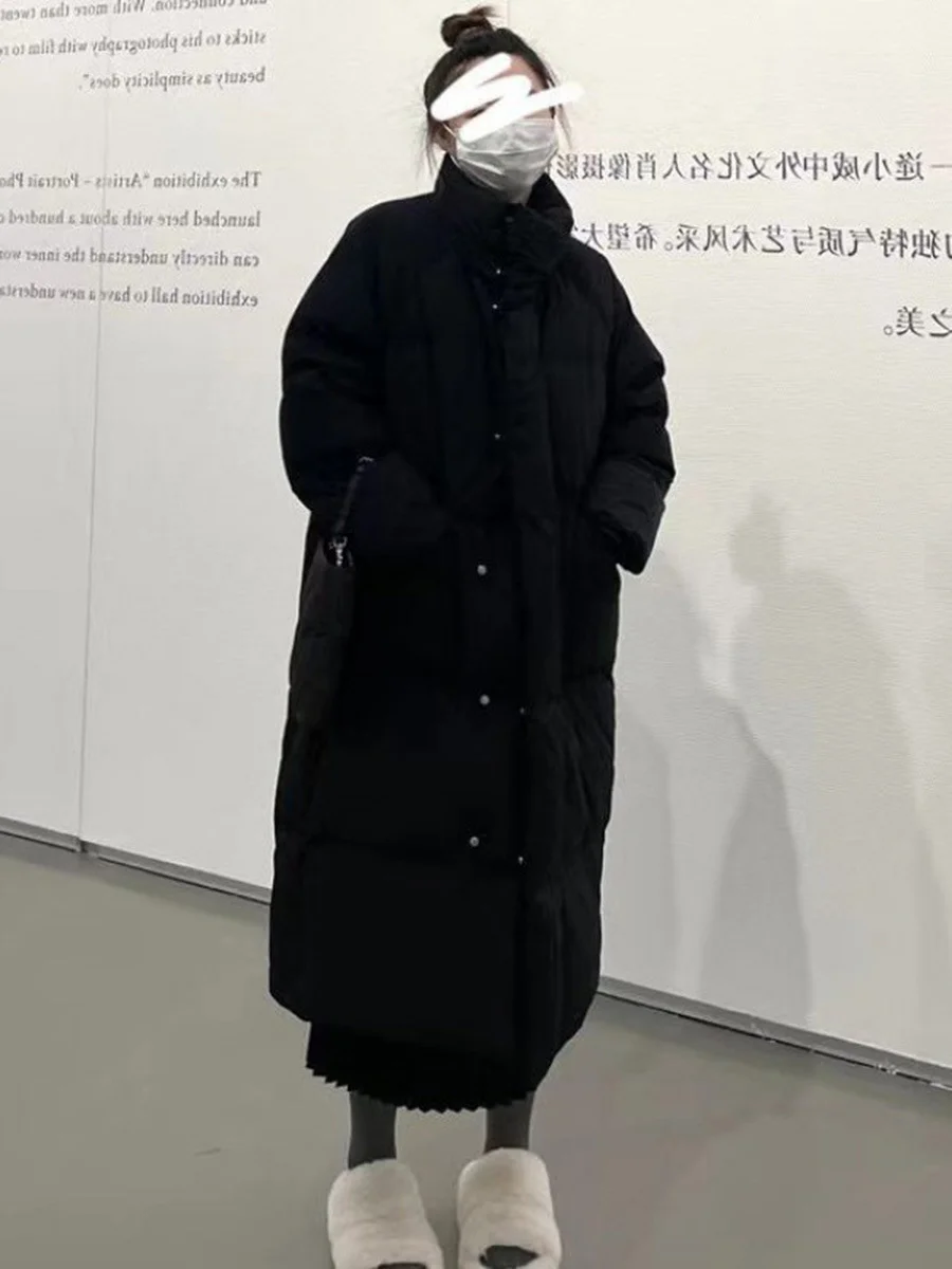 Toloer Standing Collar Long White Duck Down Down Jacket Female 2024 Winter New Thick Large Pocket Over The Knee Loose Warm Coat-Outfit Ideas