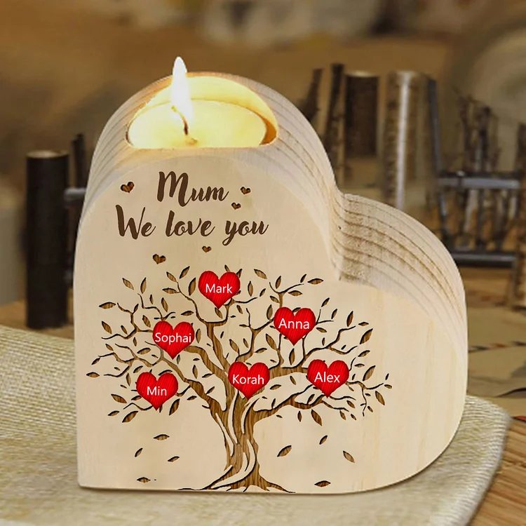 6 Names-Personalized Mum/Nan Family Tree Heart Wooden Candle Holder, Custom Name And Text Family Candlestick for Mother/Grandma
