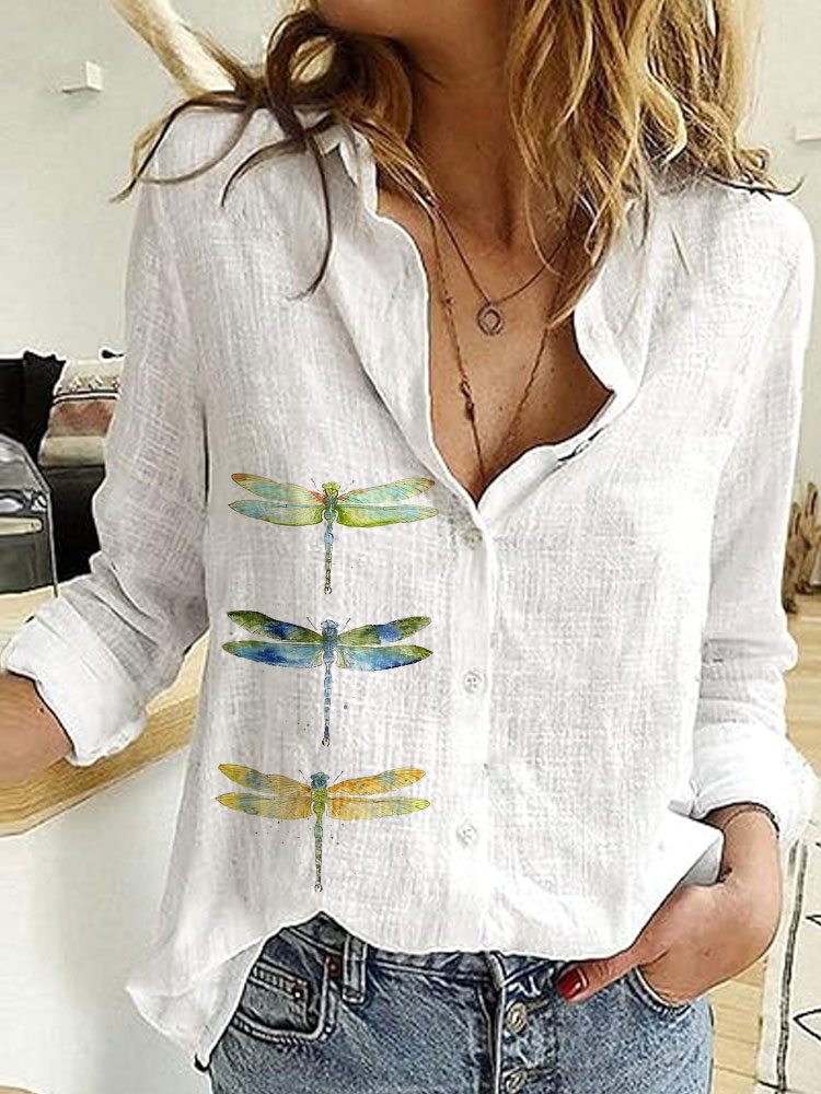 Comstylish Women's Casual V-neck Watercolor Dragonfly Print Shirt