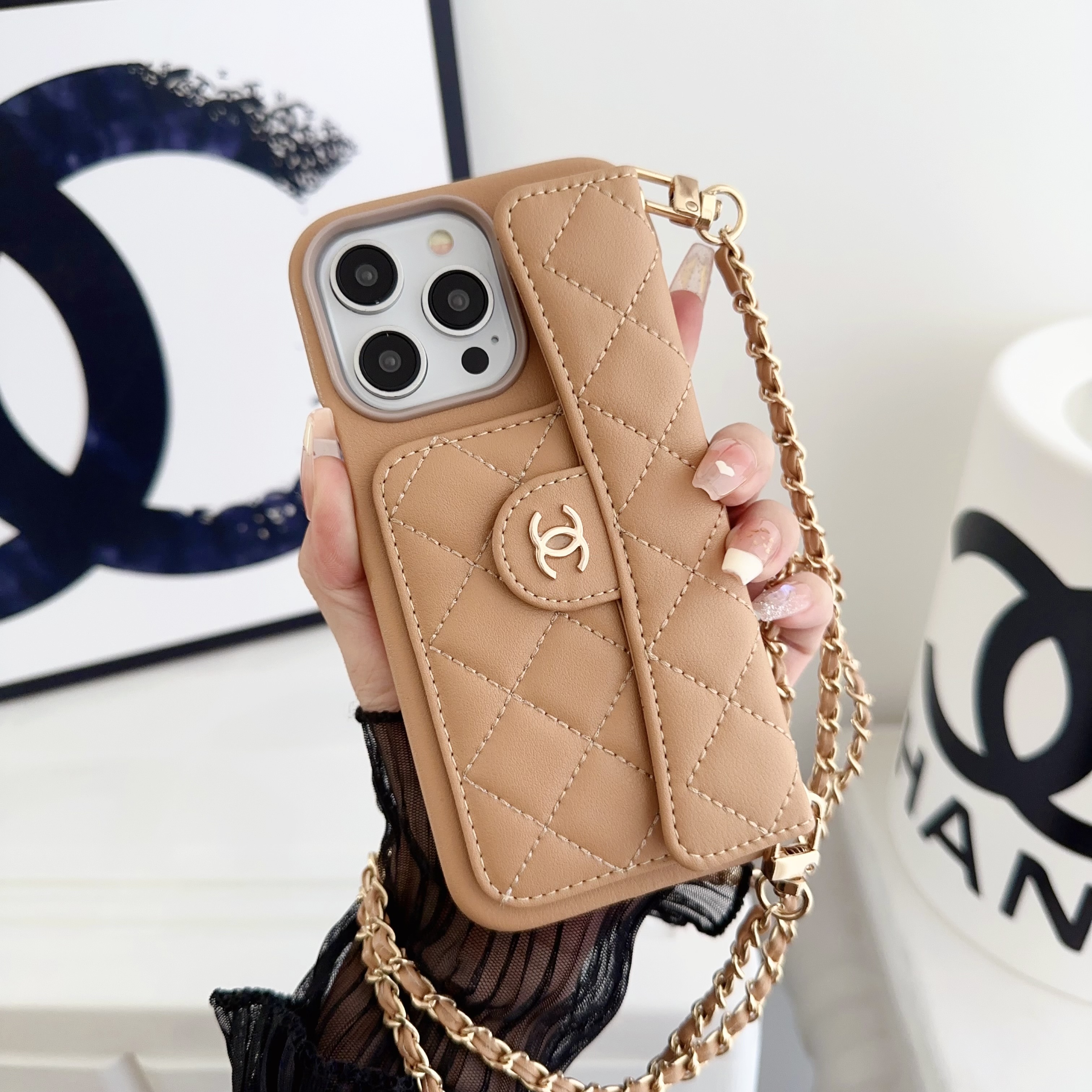 Chanel Official Hand Chain Cardholder Leather iPhone Case Crossbody Cord