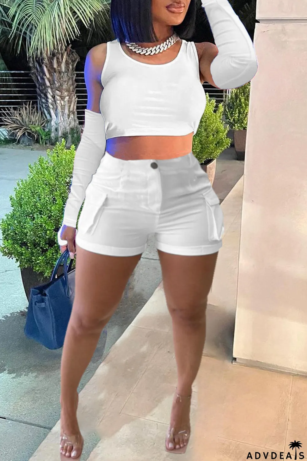 Khaki Casual Solid Basic O Neck Four Piece Set (With Sleeves)