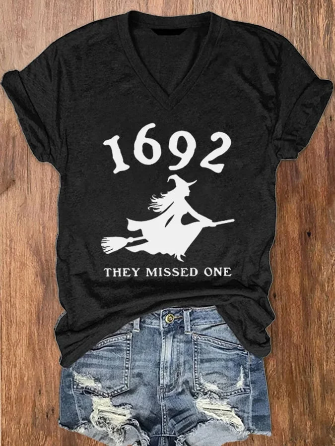Women's 1692 Witch They Missed One Print V-Neck T-Shirt socialshop