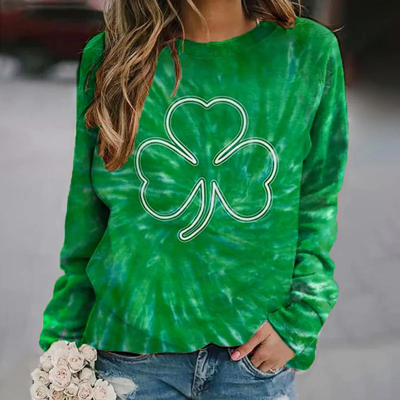 St. Patrick's Day Tie-Dye Shamrock Print Casual Sweatshirt