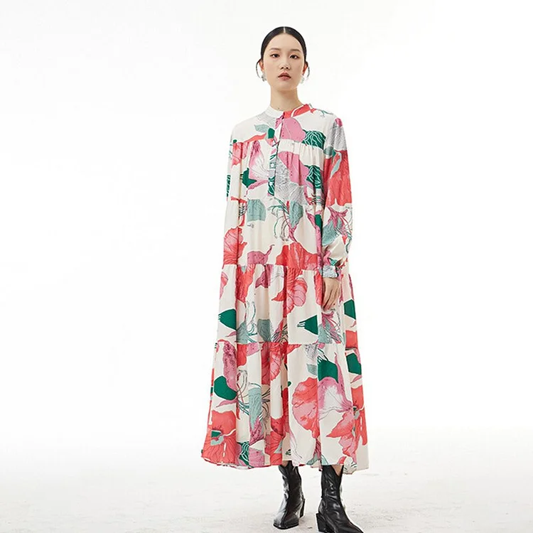 Temperament Loose Half Stand Collar Flowers Printed Long Sleeve Dress      