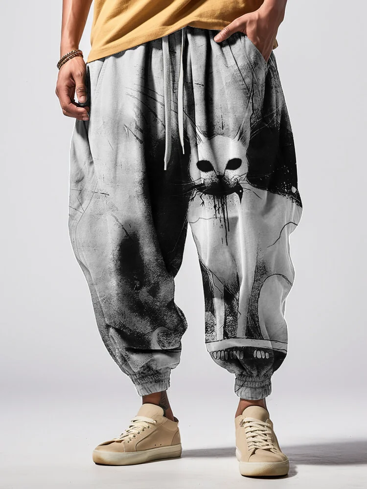Men's Horrible Halloween Cat Art Print Loose Drawstring Waist Sweatpants