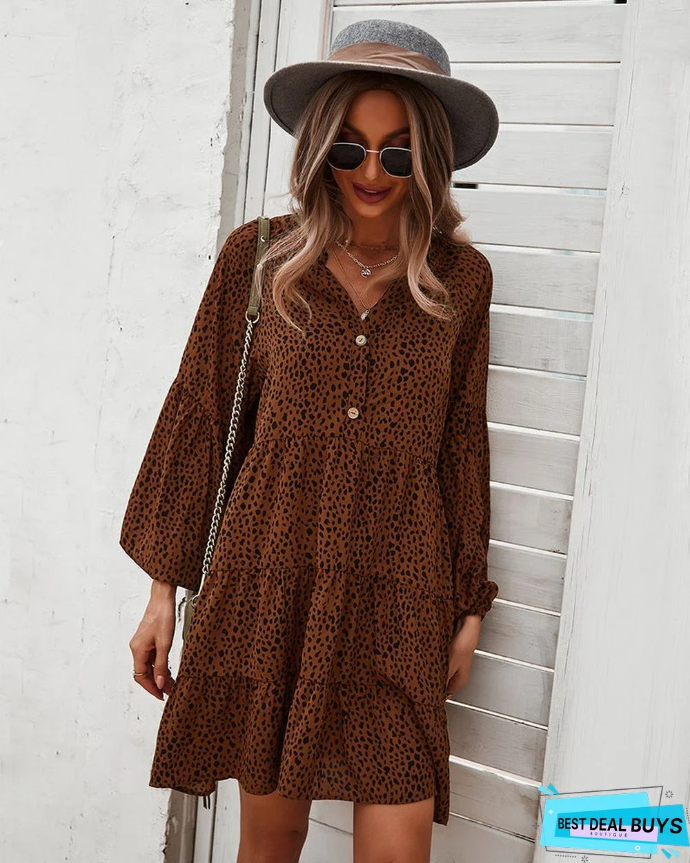 European and American Long Sleeve Fashion Women's Leopard Print Dress