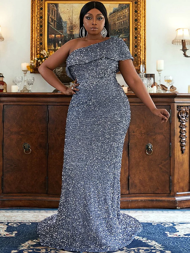 Plus Size One Shoulder Mermaid Maxi Sequin Grey Prom Dress PXH2123