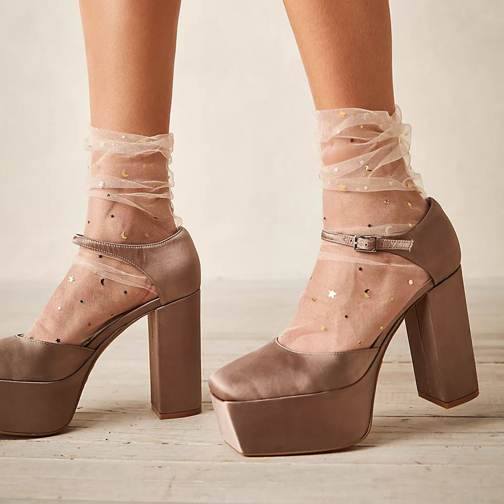 Khaki Satin Square Toe Chunky Heel Ankle Strap Platform Pumps Nicepairs