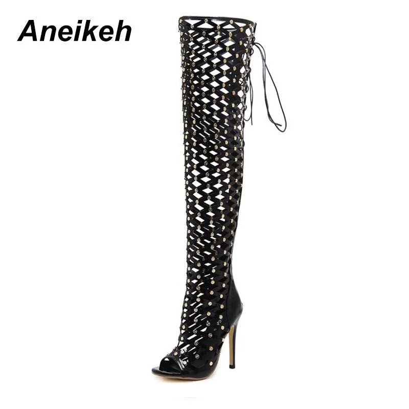 Aneikeh Sexy Rivets Studded Thigh High Sandals Women Summer Gladiator Sandal Boots High Heel Cut Out Over-the-Knee Boots