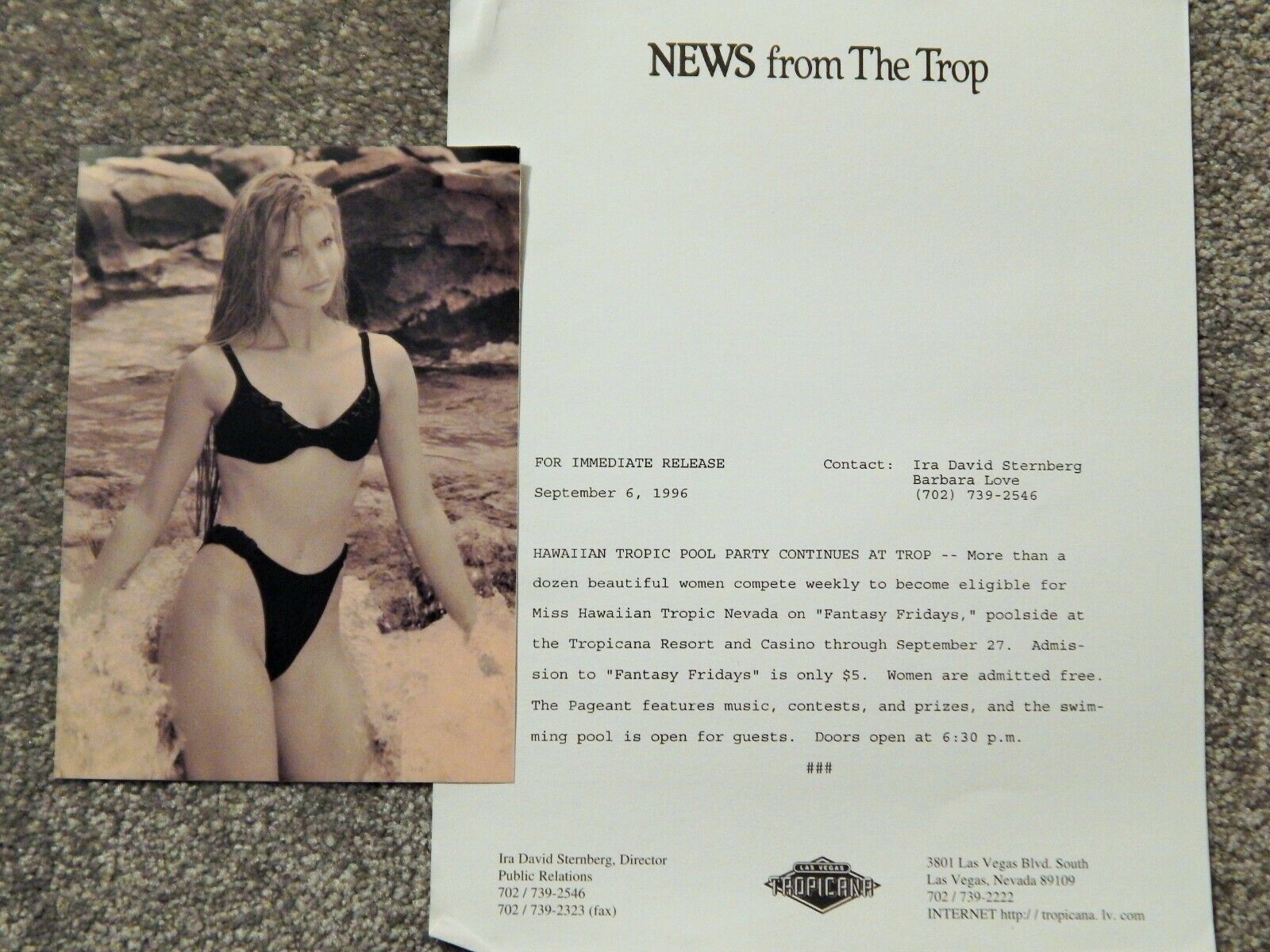 MISS HAWAIIAN TROPIC NV 1997 PRESS RELEASE & 7 X 5 Photo Poster painting TROPICANA LAS VEGAS