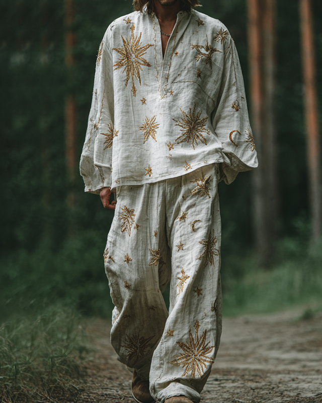 Men's summer vacation leisure star and moon 3D embroidered linen top and casual pants two-piece set 2c67