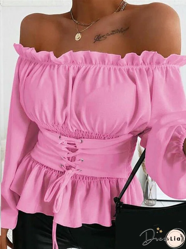 Women's Blouses One-Shoulder Elastic Waist Ruffle Long Sleeve Blouse
