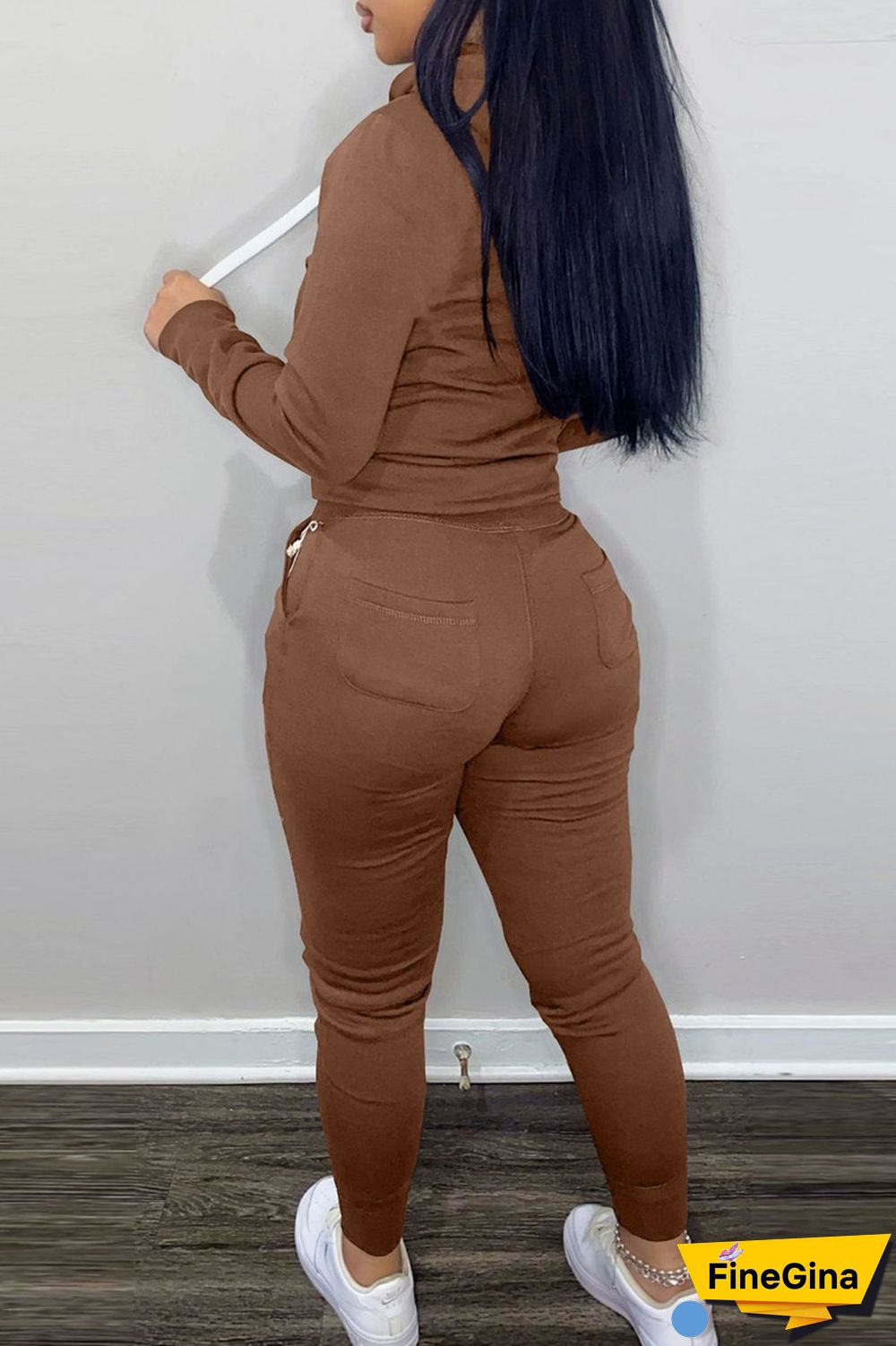 Khaki Casual Solid Patchwork Hooded Collar Long Sleeve Two Pieces