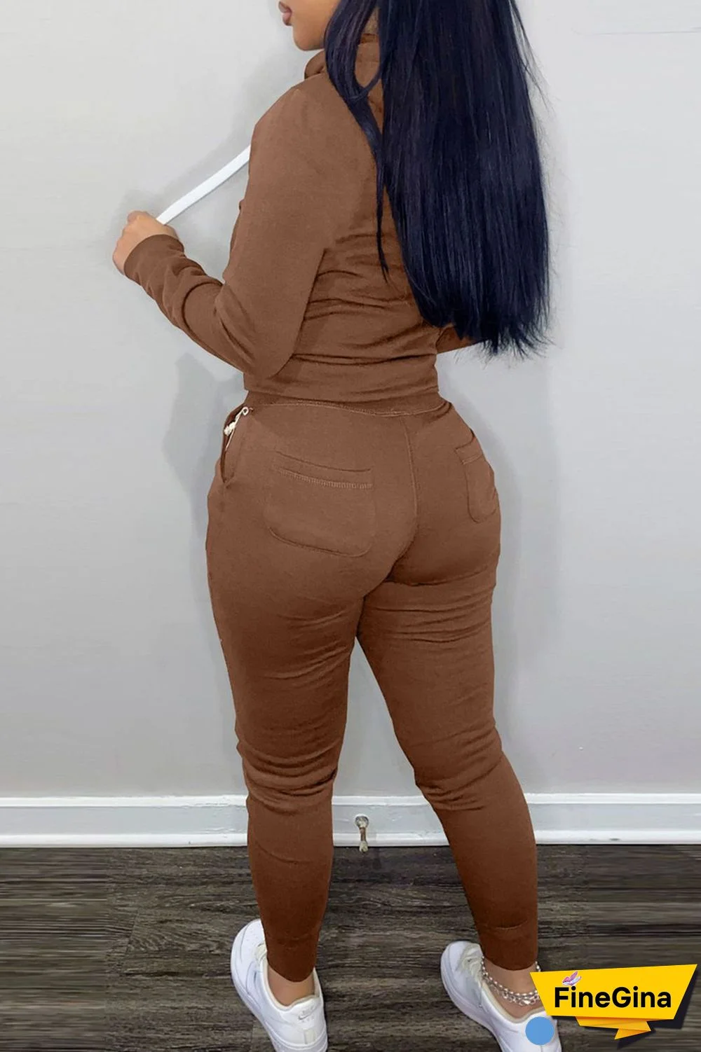 Khaki Casual Solid Patchwork Hooded Collar Long Sleeve Two Pieces