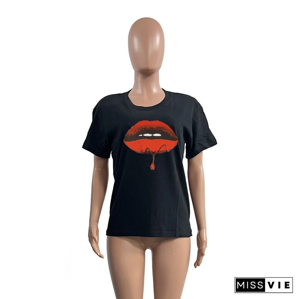 Lips Print Short Sleeve Cotton T Shirt Tops