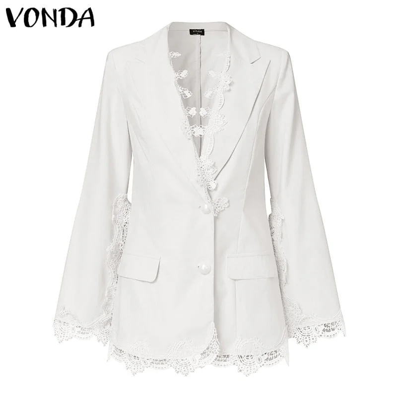 2022 VONDA Women Autumn Long Sleeve V Neck Lace Lapel Suit Blazer Casual Ol Style Blazer Coat Loose Lace Patchwork Print Coats