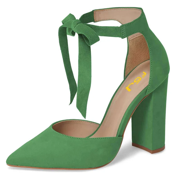 Green Suede Bow Pointy Toe Chunky Heel Pumps Vdcoo