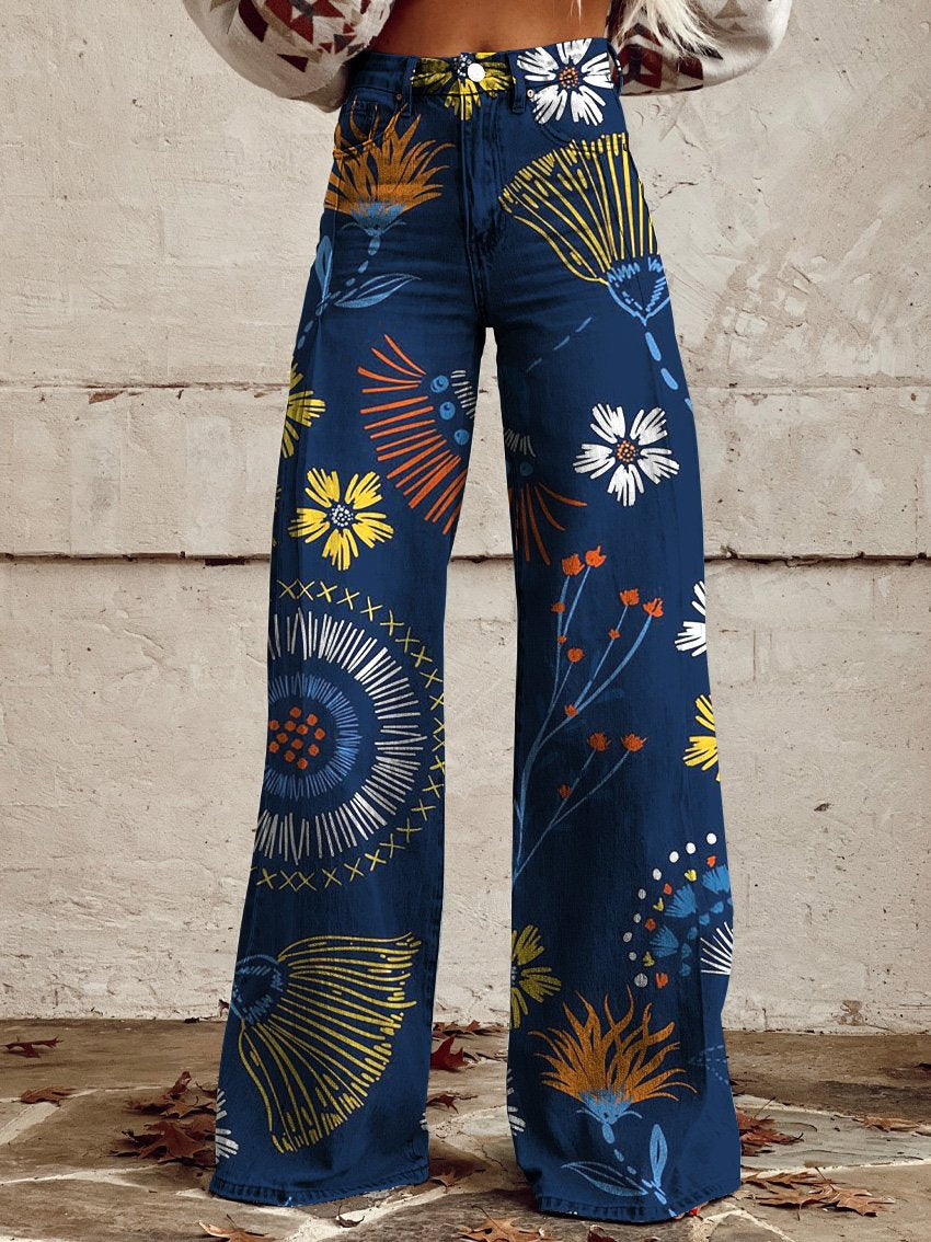 Embroidered Effect Stitch Floral Pattern Women's Printed Casual Wide Leg Pants