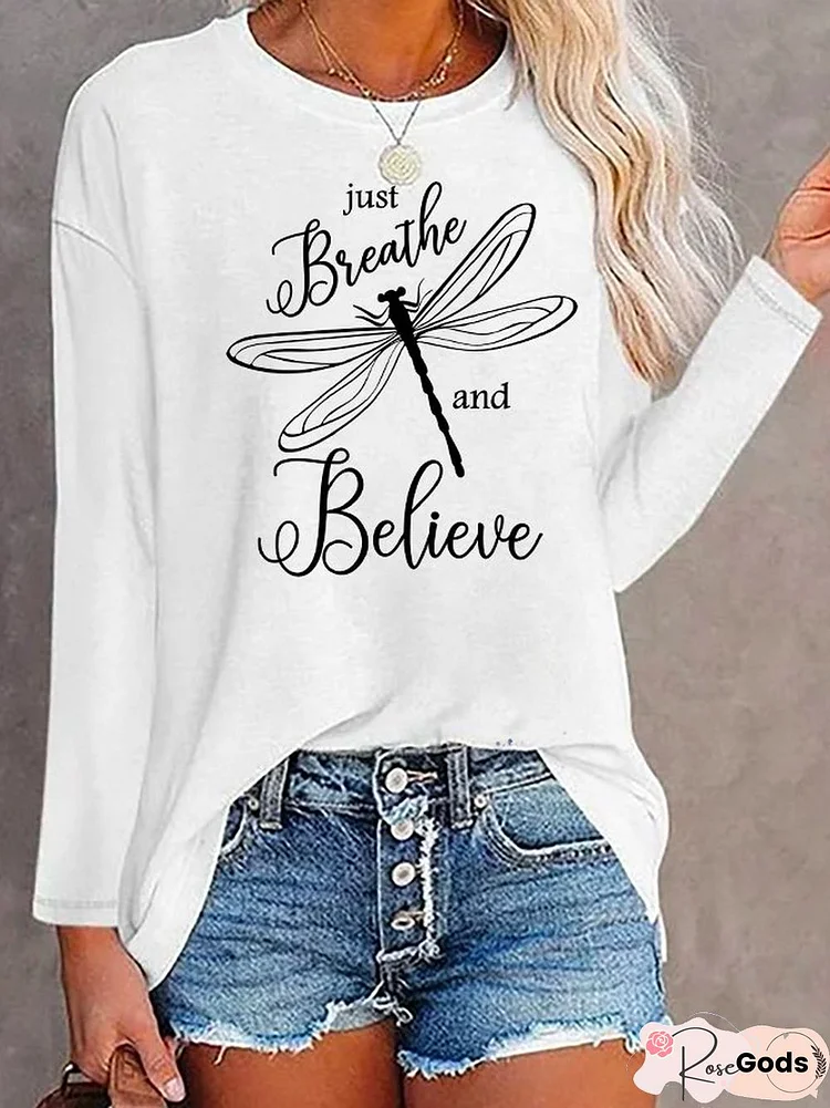 Casual Dragonfly Graphic Design Crew Neck Knit Long Sleeve T-Shirt