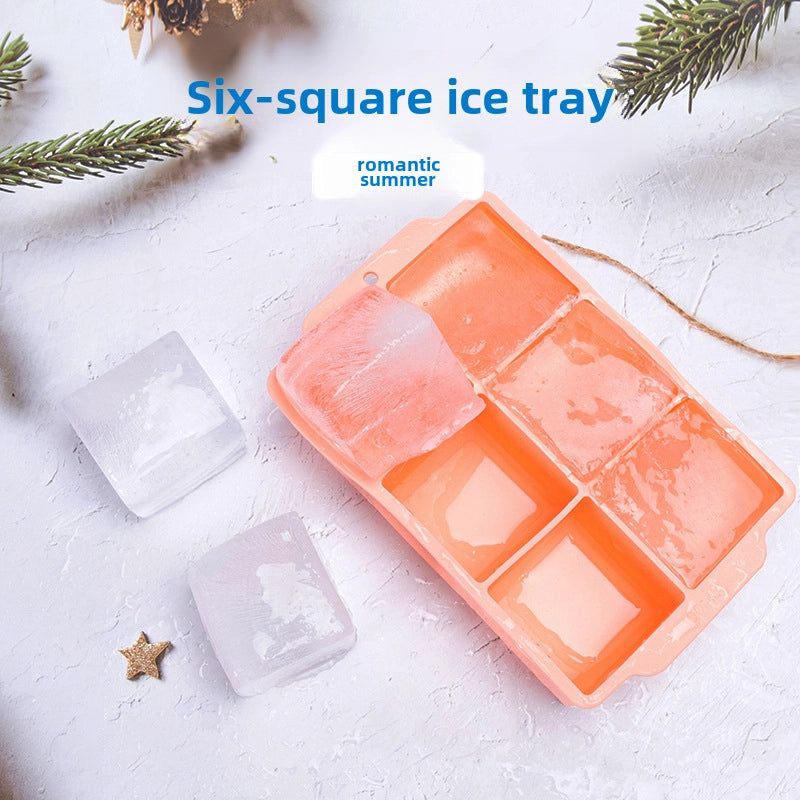 Silicone Large Ice Cube Mold Household Quick Frozen Ice Box Large Size With Lid 6 Holes Square Ice Cube Mold