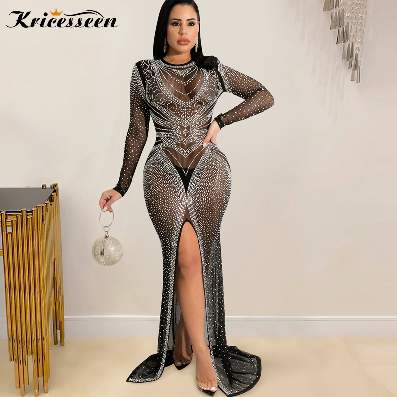 Uveng Sexy Women Crystal Mesh Sheer Maxi Dress Ladies Long Sleeve See ...