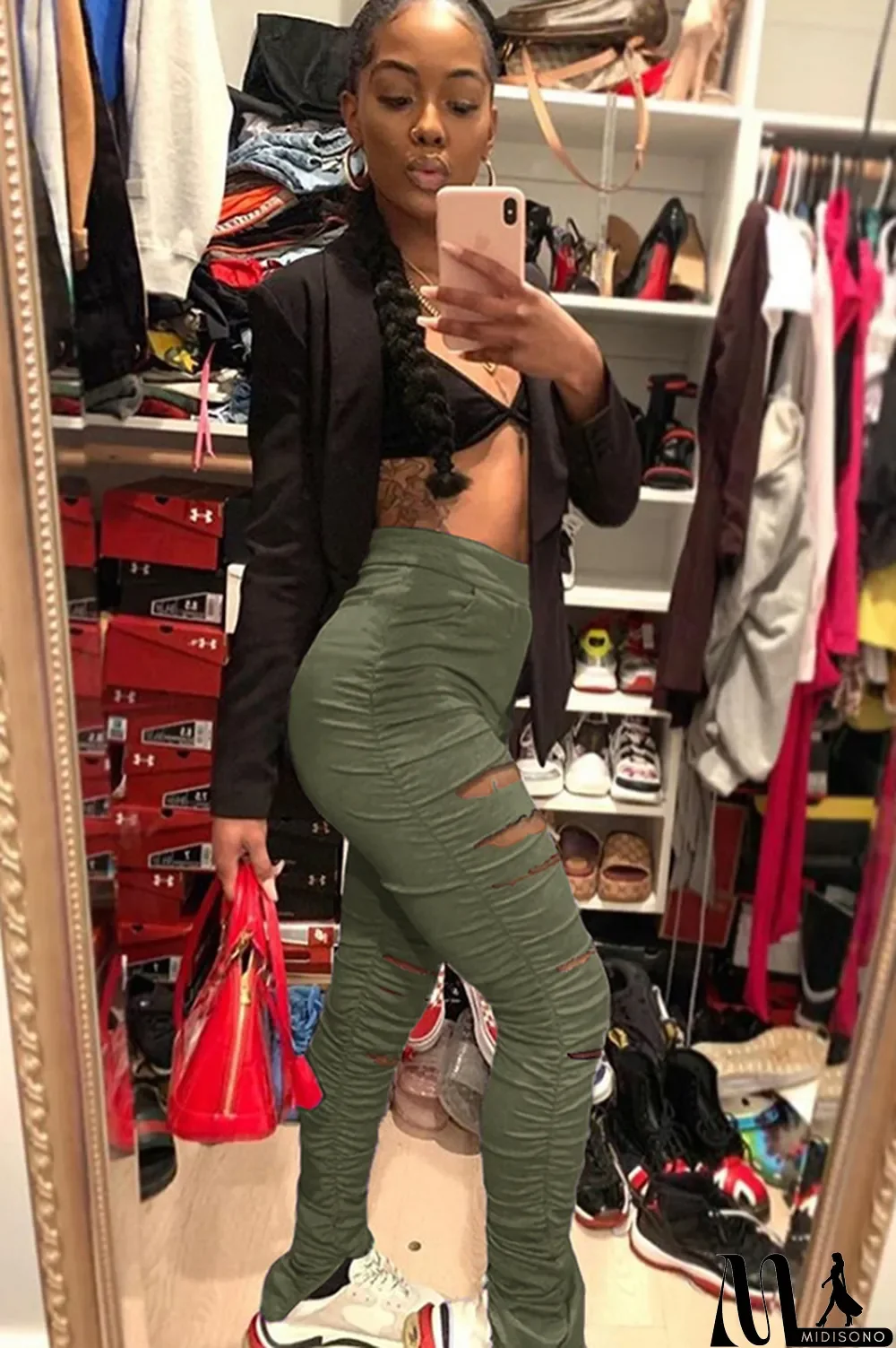 MidiSono - Black Polyester Drawstring Sleeveless Mid Patchwork Split Solid Hole Boot Cut Pants